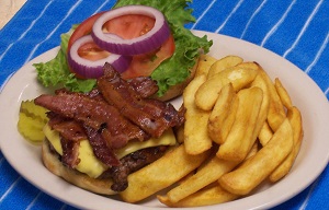 Filling Ranch Burger with Bacon. Served with a side of crisp steak fries.